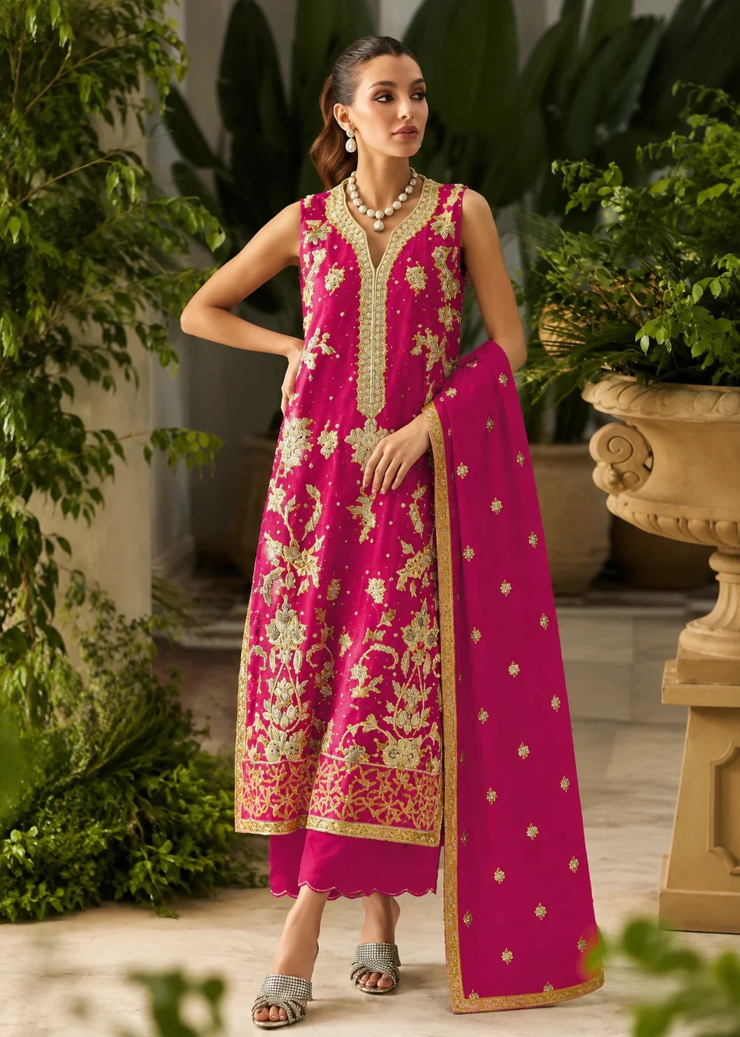 Hot Pink Gold - Mina Hassan pakistani fashion outfit in gold, pink…